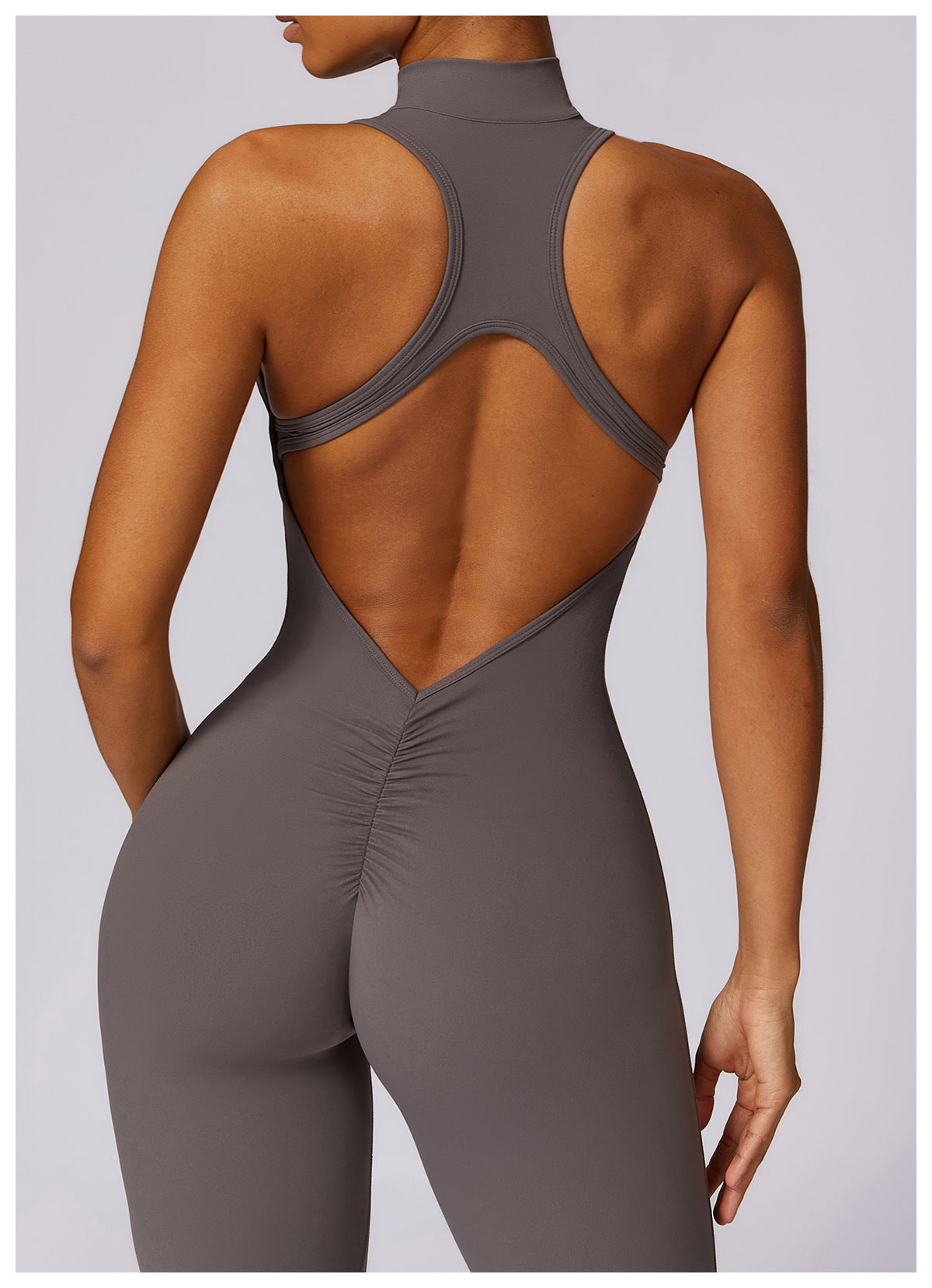 V-Back Zip-up Mock-Neck Jumpsuit