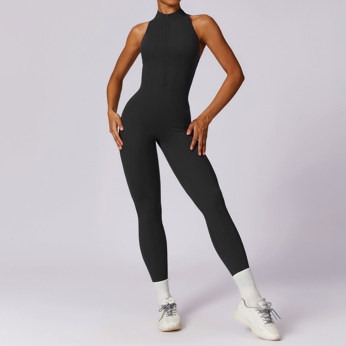 V-Back Zip-up Mock-Neck Jumpsuit