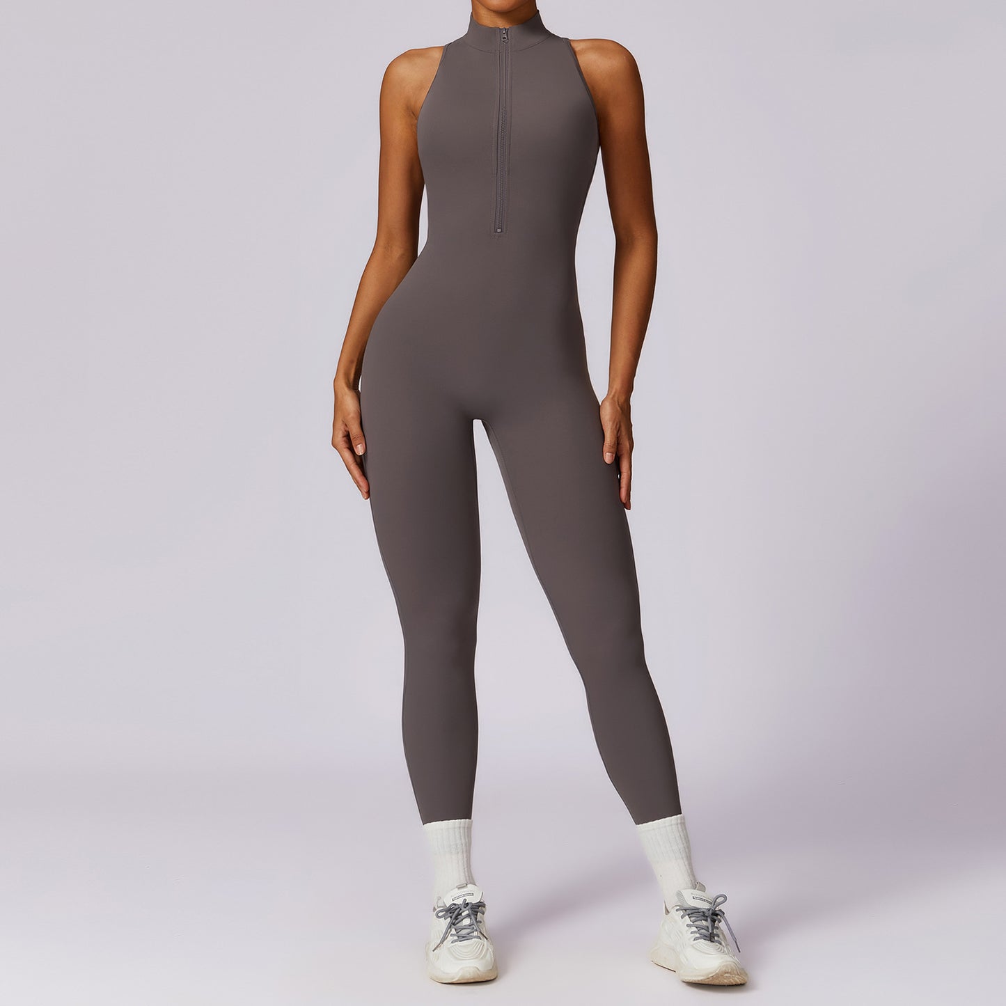 V-Back Zip-up Mock-Neck Jumpsuit