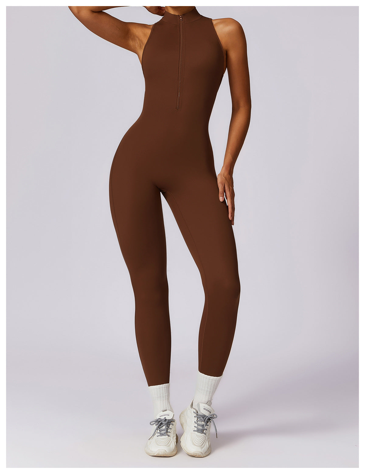 V-Back Zip-up Mock-Neck Jumpsuit