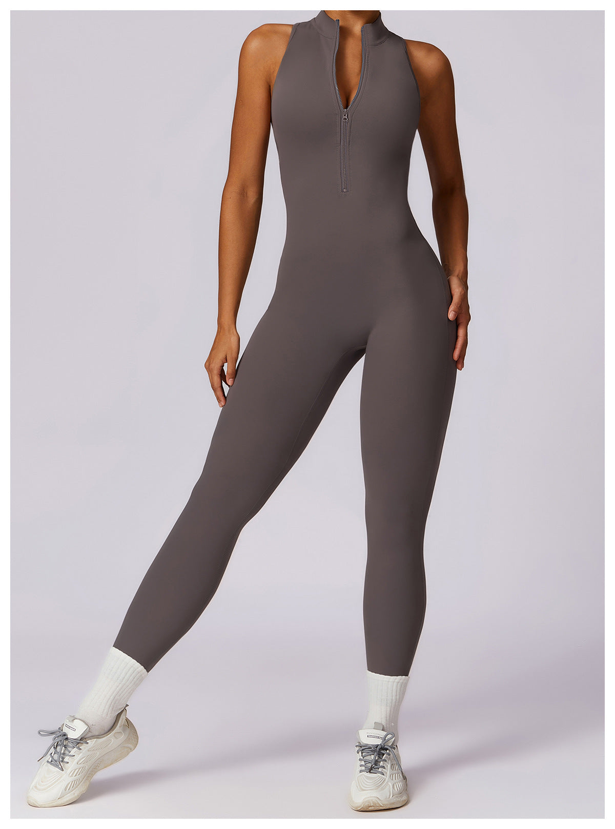 V-Back Zip-up Mock-Neck Jumpsuit
