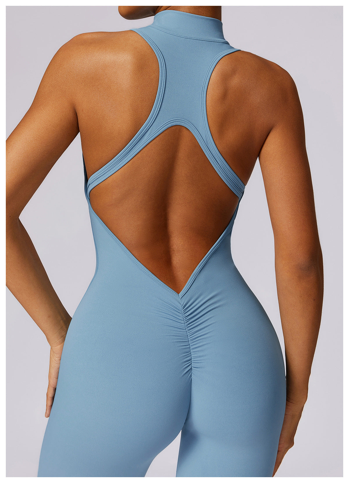 V-Back Zip-up Mock-Neck Jumpsuit